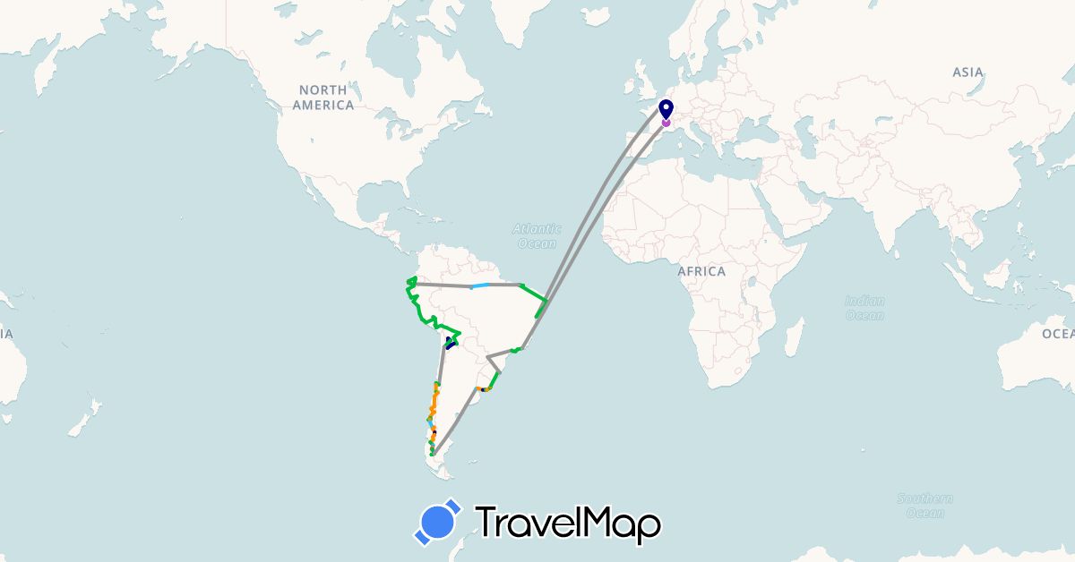 TravelMap itinerary: driving, bus, plane, cycling, train, hiking, boat, hitchhiking in Argentina, Bolivia, Brazil, Chile, Ecuador, France, Peru, Uruguay (Europe, South America)